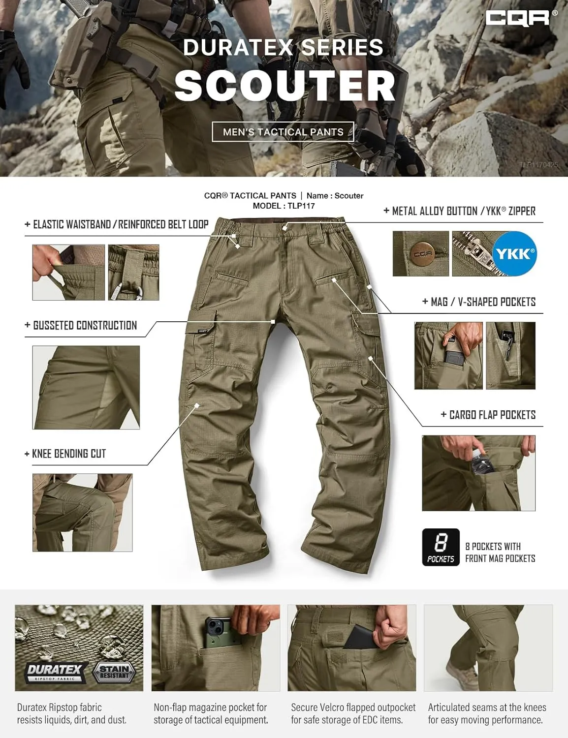 CQR Men's Tactical Pants, Water Resistant Ripstop Cargo Pants, Lightweight EDC Work Hiking Pants, Outdoor Apparel