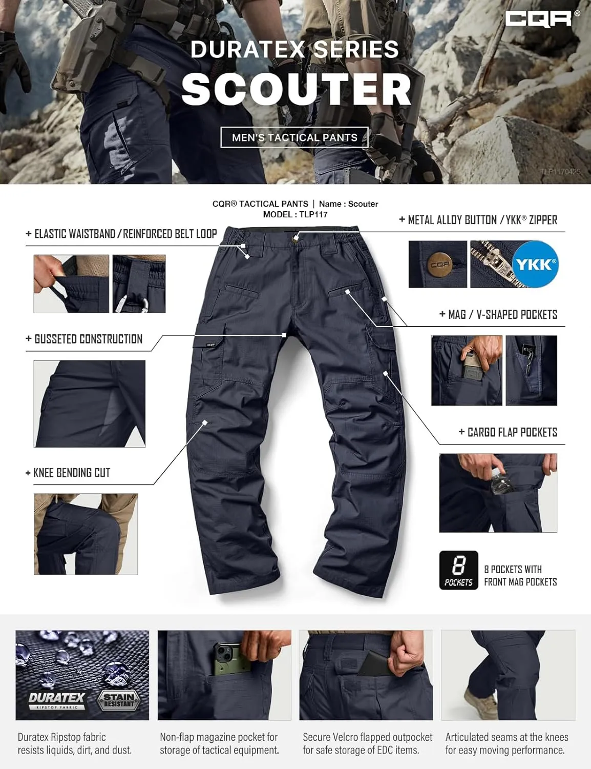 CQR Men's Tactical Pants, Water Resistant Ripstop Cargo Pants, Lightweight EDC Work Hiking Pants, Outdoor Apparel