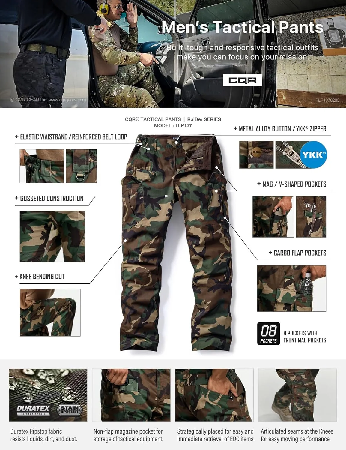 CQR Men's Tactical Pants, Water Resistant Ripstop Cargo Pants, Lightweight EDC Work Hiking Pants, Outdoor Apparel