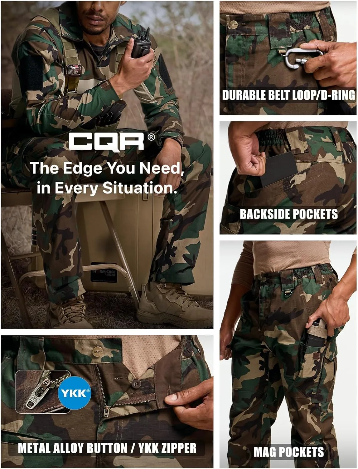 CQR Men's Tactical Pants, Water Resistant Ripstop Cargo Pants, Lightweight EDC Work Hiking Pants, Outdoor Apparel