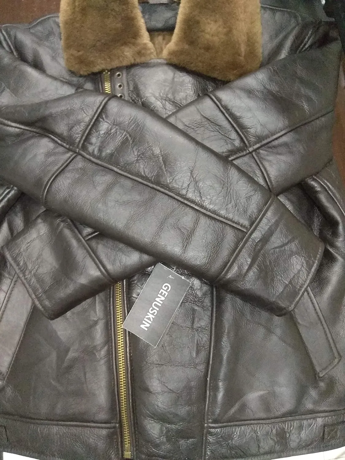 Cross Zip B3 Bomber Aviator Real Shearling Brown Sheepskin Leather Jacket