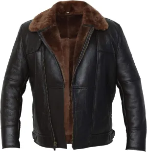 Cross Zip B3 Bomber Aviator Real Shearling Brown Sheepskin Leather Jacket