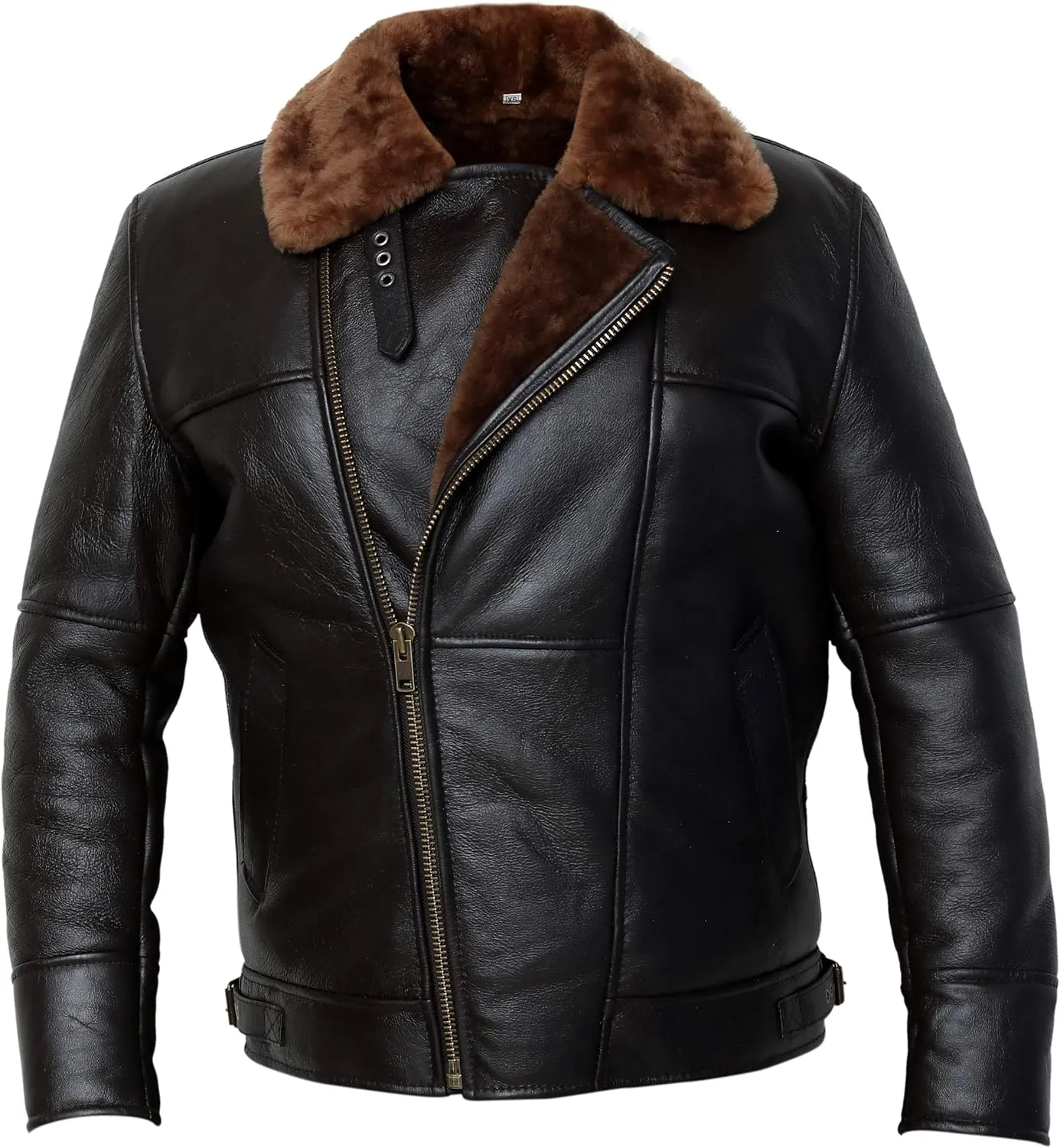 Cross Zip B3 Bomber Aviator Real Shearling Brown Sheepskin Leather Jacket