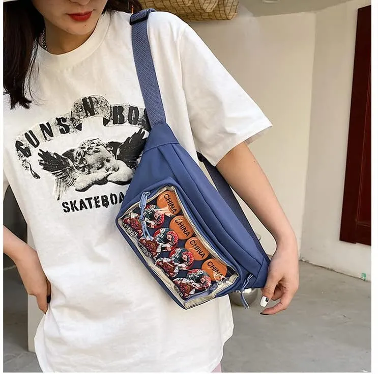 Crossbody Fanny Packs for Women, Ita Bag Sling Bags with Clear Window, Lolita Pocket Chest Purses (Blue)