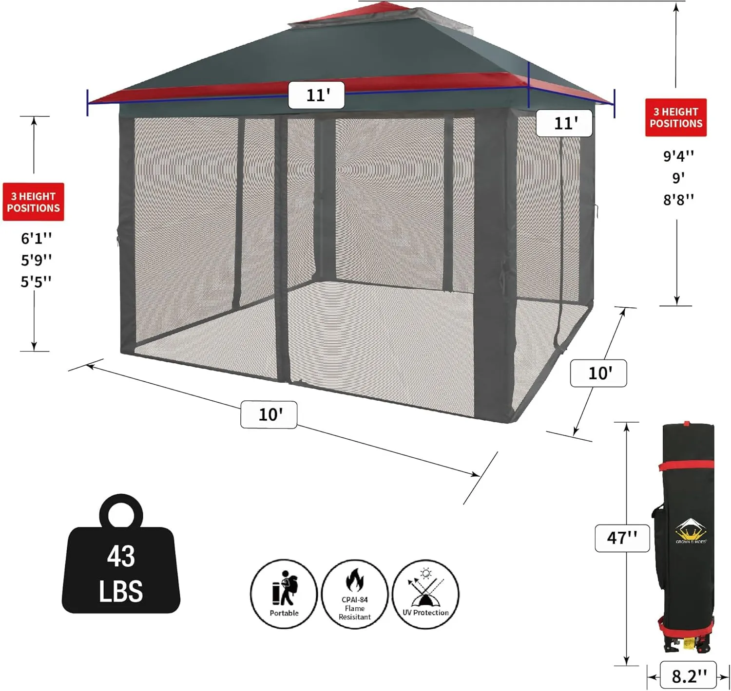 CROWN SHADES 11x11 Pop Up Gazebo, Patented One Push Outoor Canopy Tent with Wheeled STO-N-Go Cover Bag, Pop Up Canopy with Netting for Patio, Backyard (11x11, Red & Grey Grid)