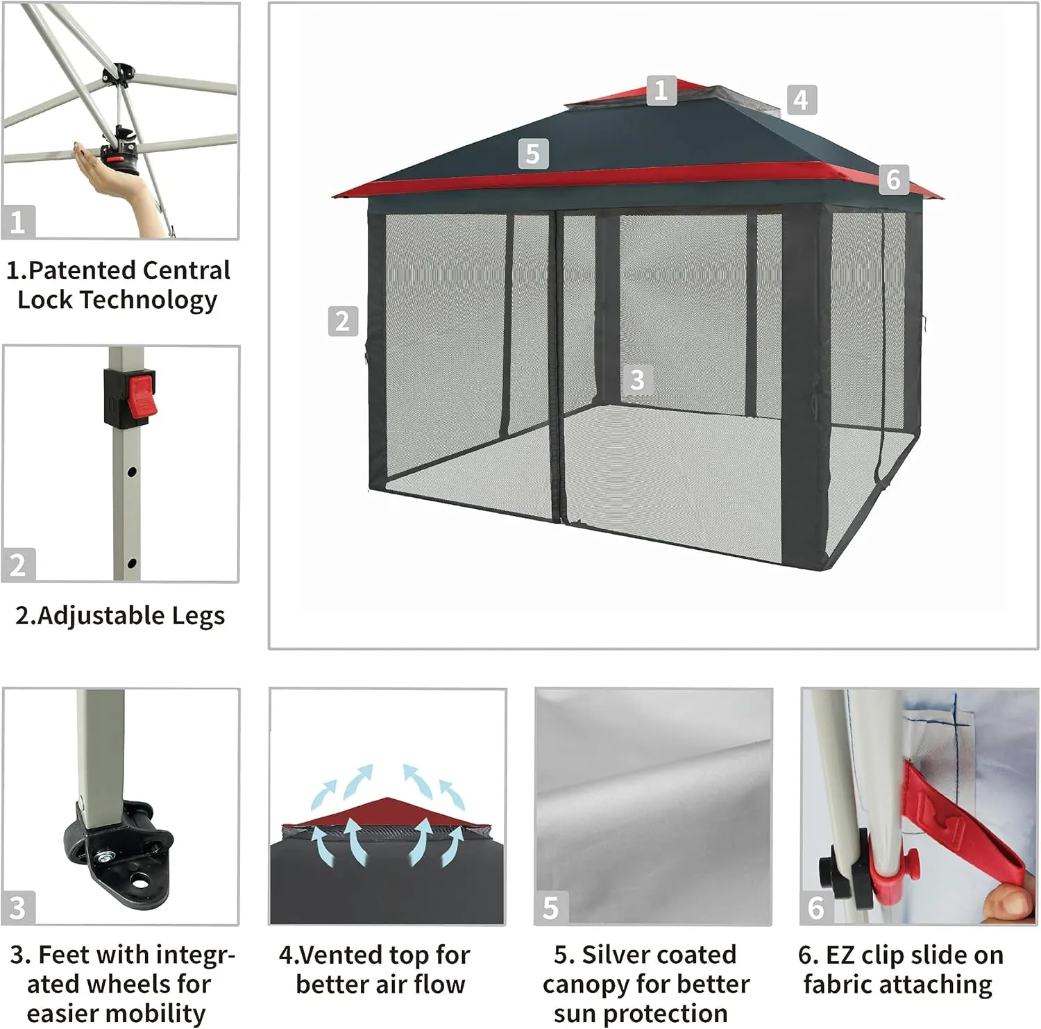 CROWN SHADES 11x11 Pop Up Gazebo, Patented One Push Outoor Canopy Tent with Wheeled STO-N-Go Cover Bag, Pop Up Canopy with Netting for Patio, Backyard (11x11, Red & Grey Grid)