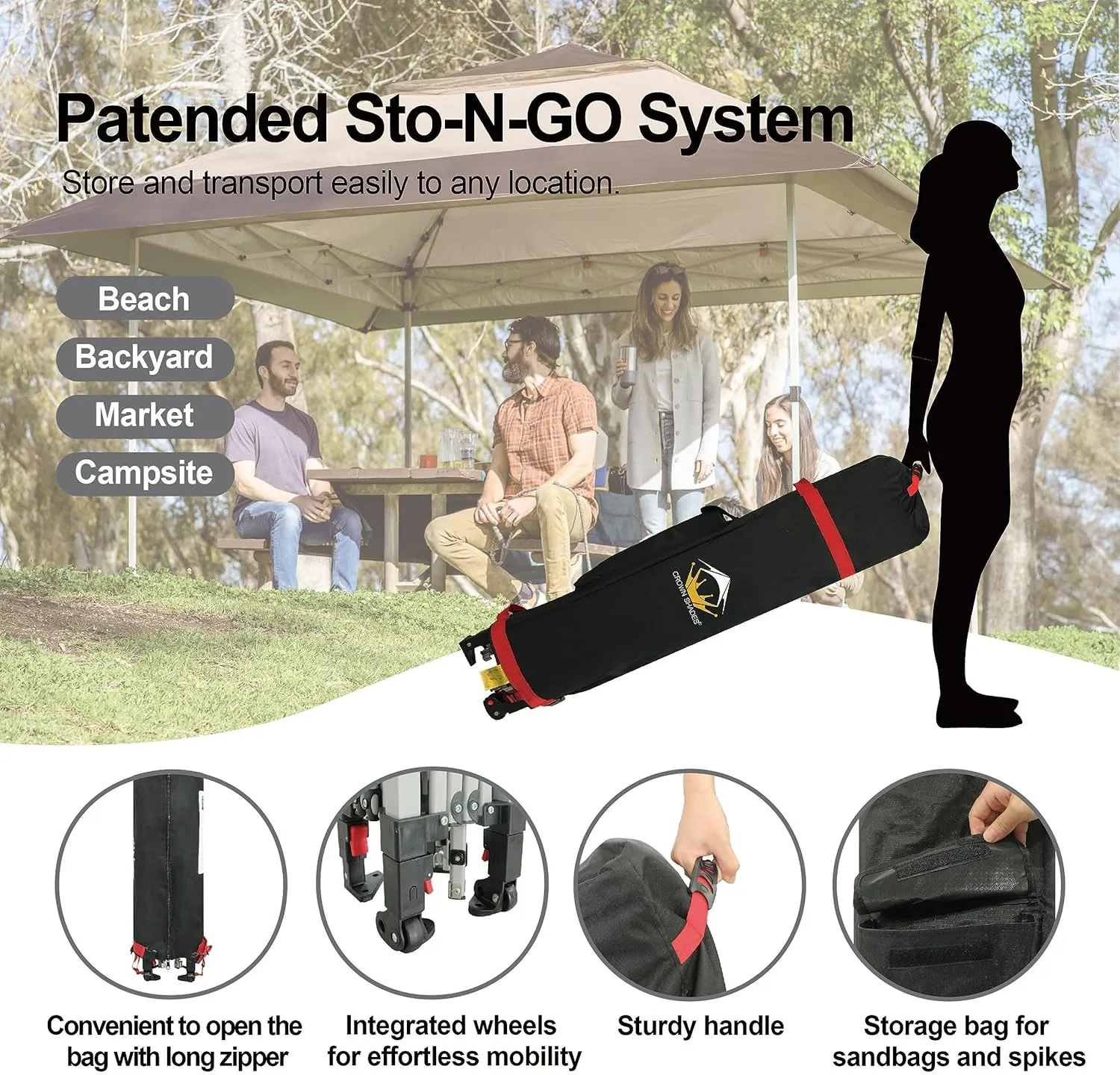 CROWN SHADES 11x11 Pop Up Gazebo, Patented One Push Outoor Canopy Tent with Wheeled STO-N-Go Cover Bag, Pop Up Canopy with Netting for Patio, Backyard (11x11, Red & Grey Grid)