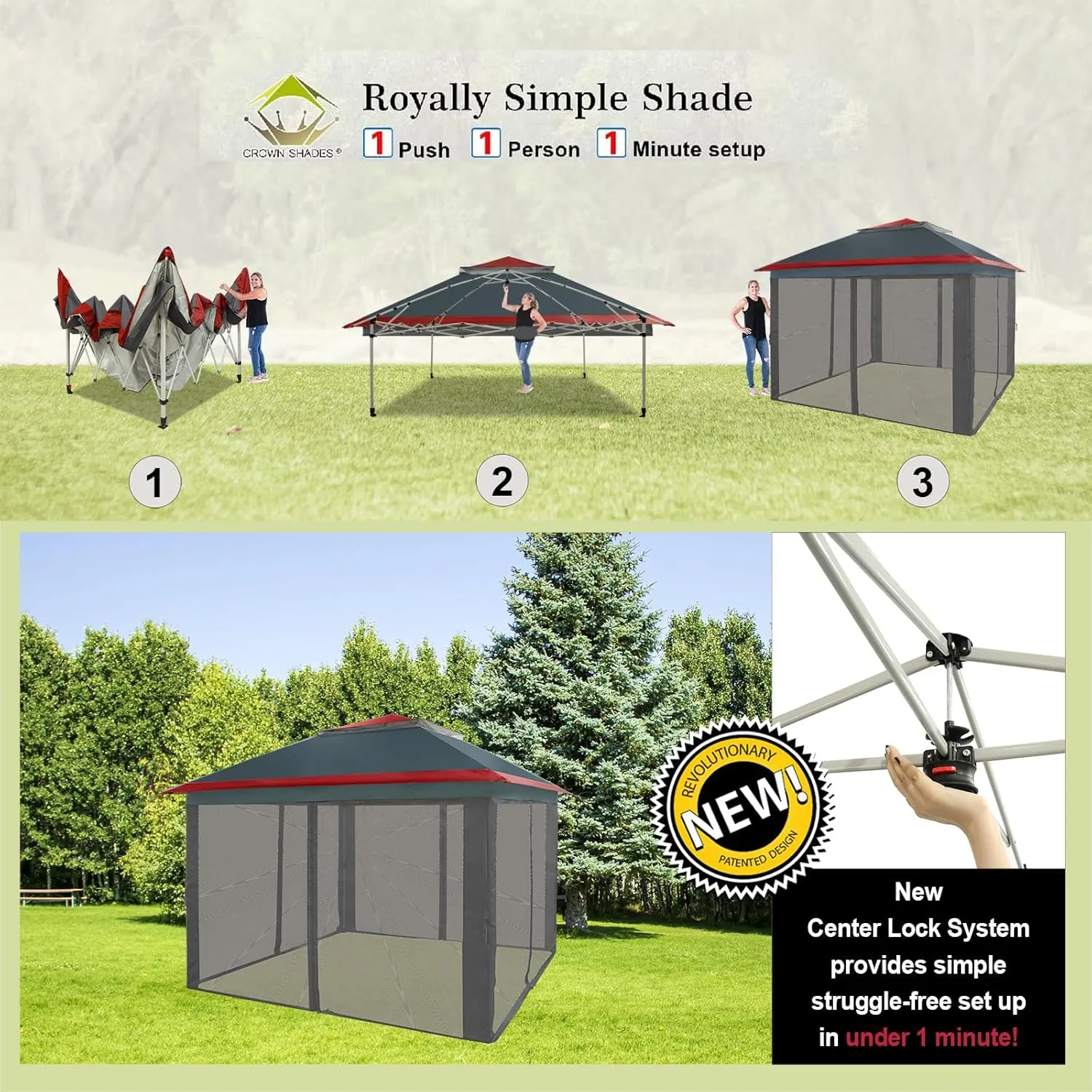 CROWN SHADES 11x11 Pop Up Gazebo, Patented One Push Outoor Canopy Tent with Wheeled STO-N-Go Cover Bag, Pop Up Canopy with Netting for Patio, Backyard (11x11, Red & Grey Grid)