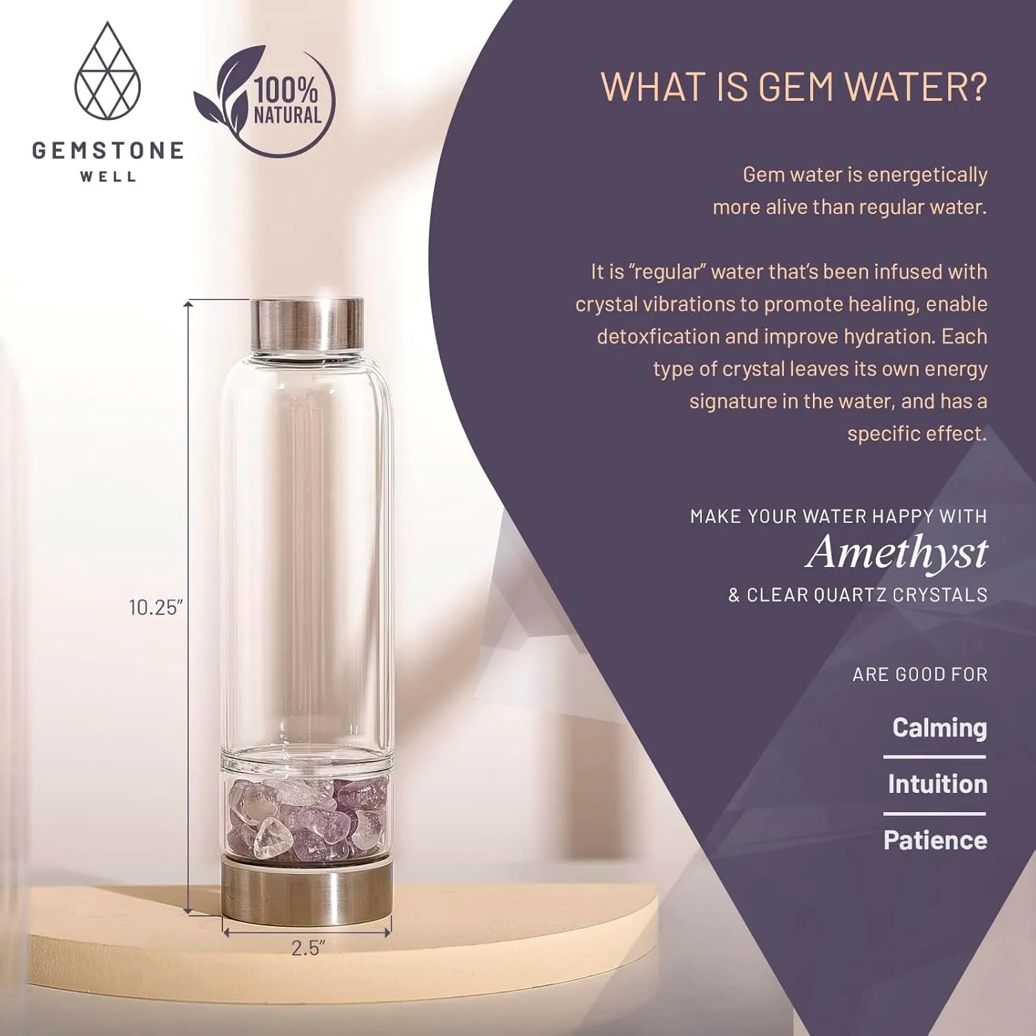 Crystal Water Bottle Elixir Set | Includes Authentic Amethyst & Clear Quartz Crystals And Healing Stones | Black Neoprene Sleeve | Drink Gem Infused Water On The Go