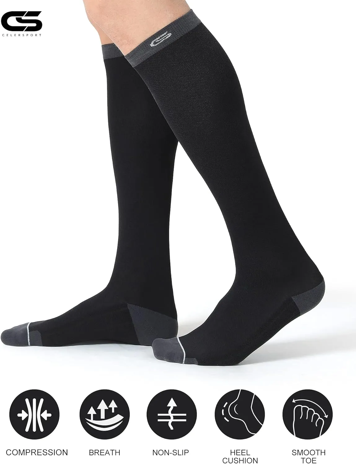 CS CELERSPORT 3 Pairs Compression Socks 20-30mmHg for Men Running Athletic Support Socks