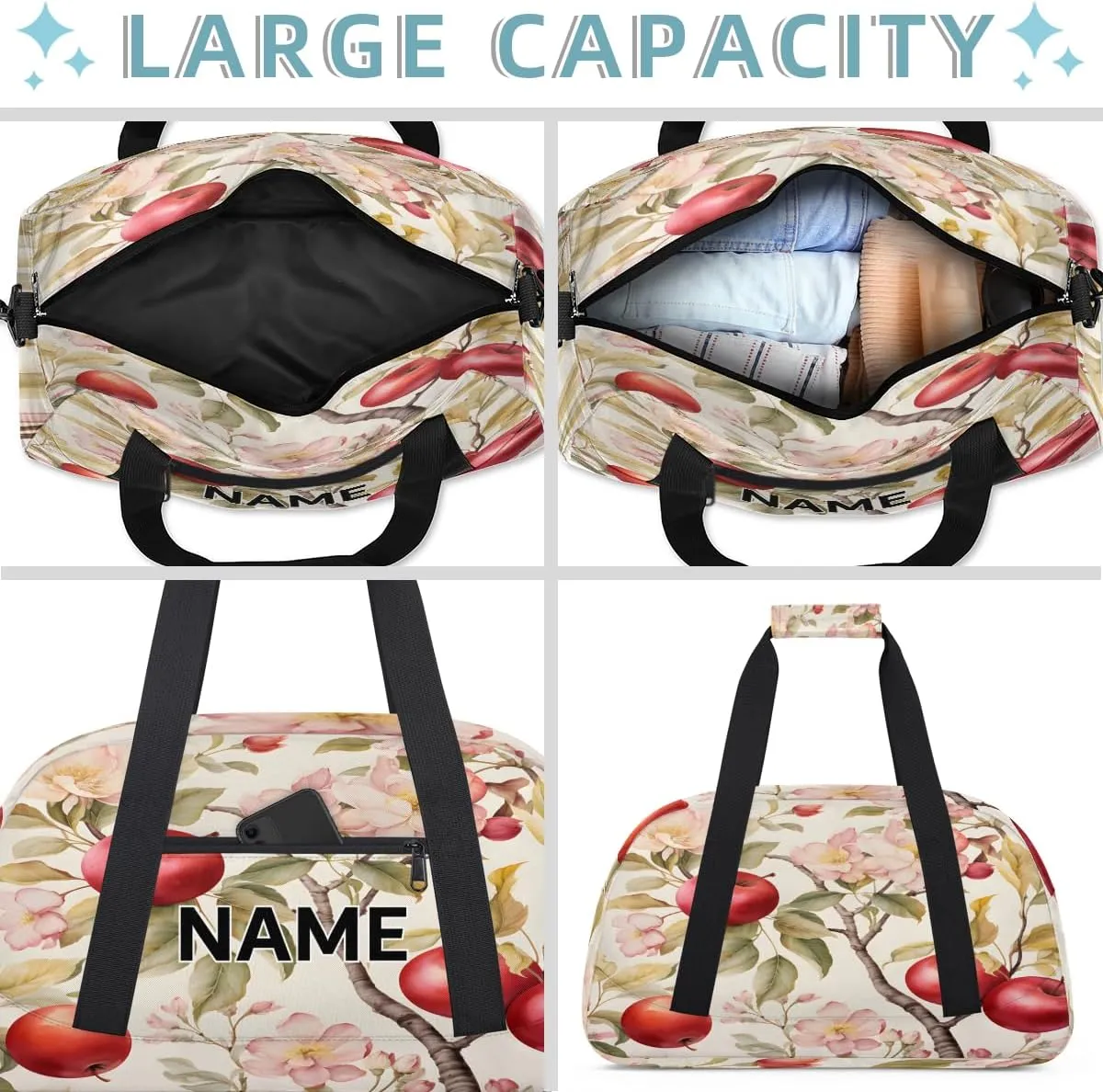 Custom Apples Small Gym Bag 18 inch for Women Men Personalized Fruit Apples Flower Carry On Overnight Weekender Bag for Travel Work Dance Sport