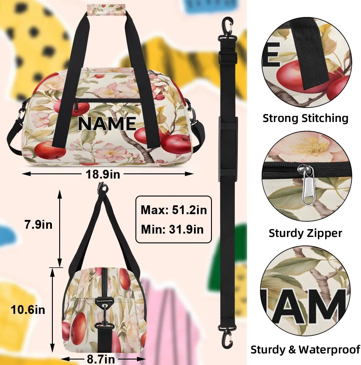 Custom Apples Small Gym Bag 18 inch for Women Men Personalized Fruit Apples Flower Carry On Overnight Weekender Bag for Travel Work Dance Sport