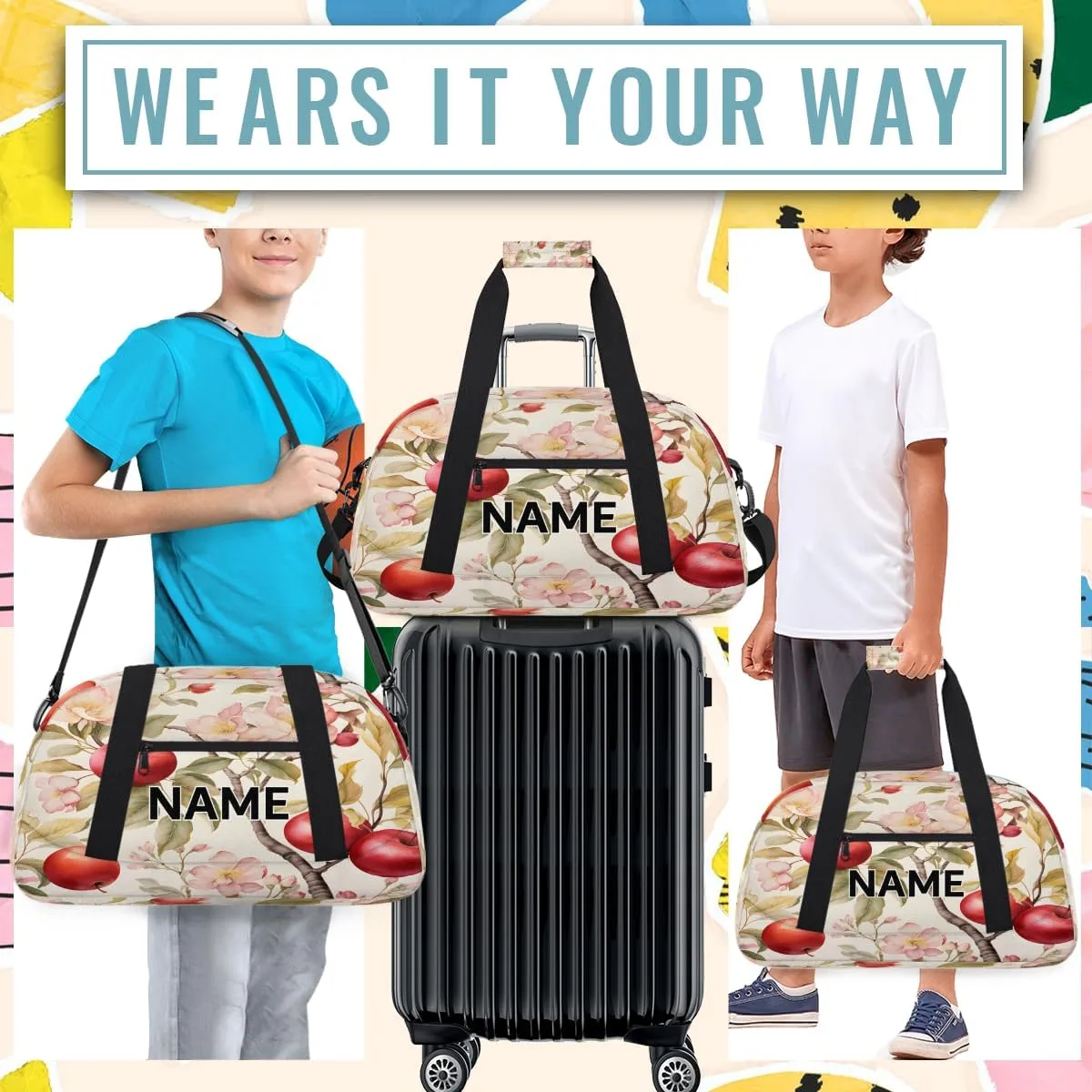 Custom Apples Small Gym Bag 18 inch for Women Men Personalized Fruit Apples Flower Carry On Overnight Weekender Bag for Travel Work Dance Sport