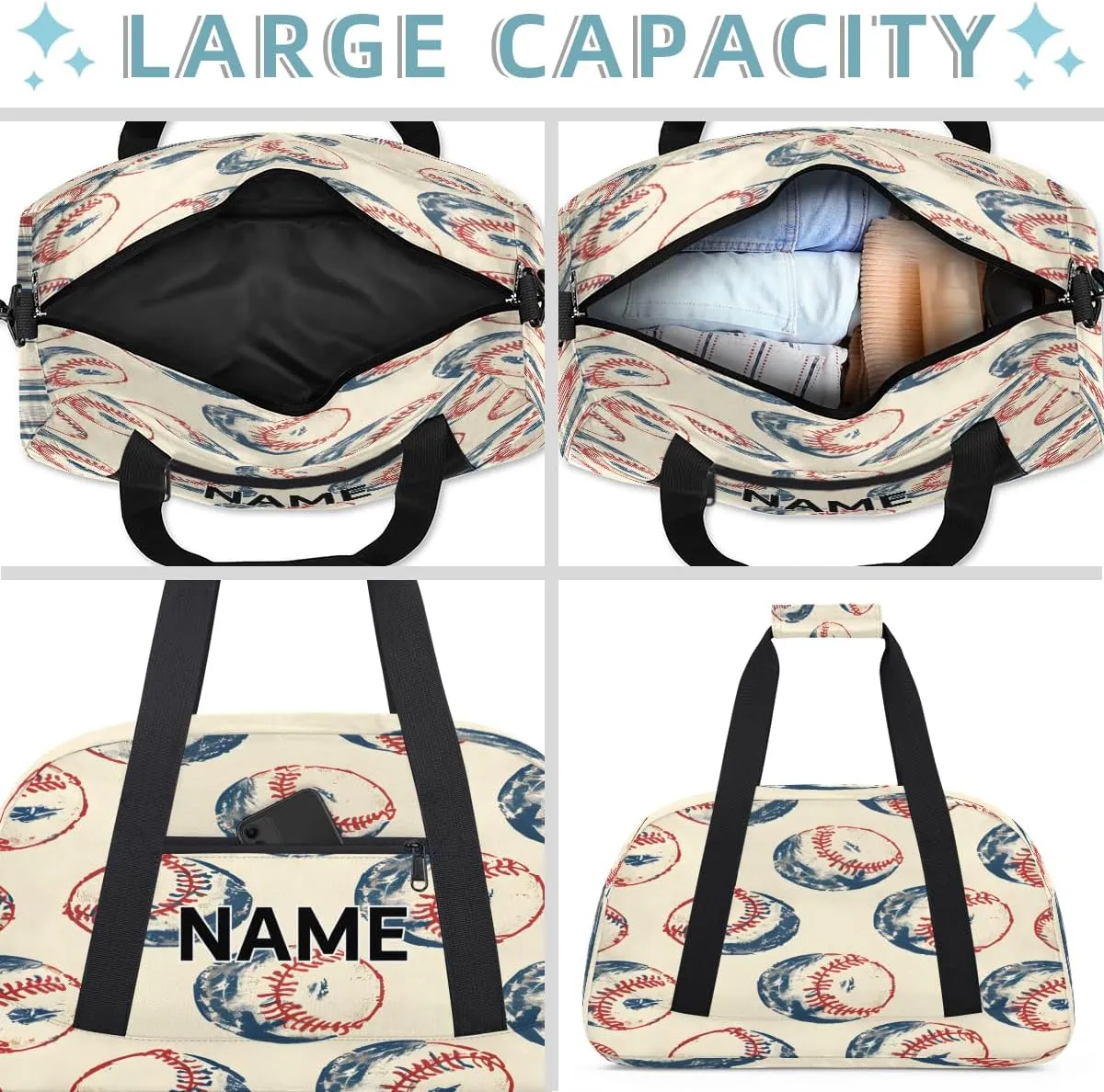 Custom Baseball Small Gym Bag 18 inch for Women Men Personalized Sports Theme Carry On Overnight Weekender Bag for Travel Work Dance Sport