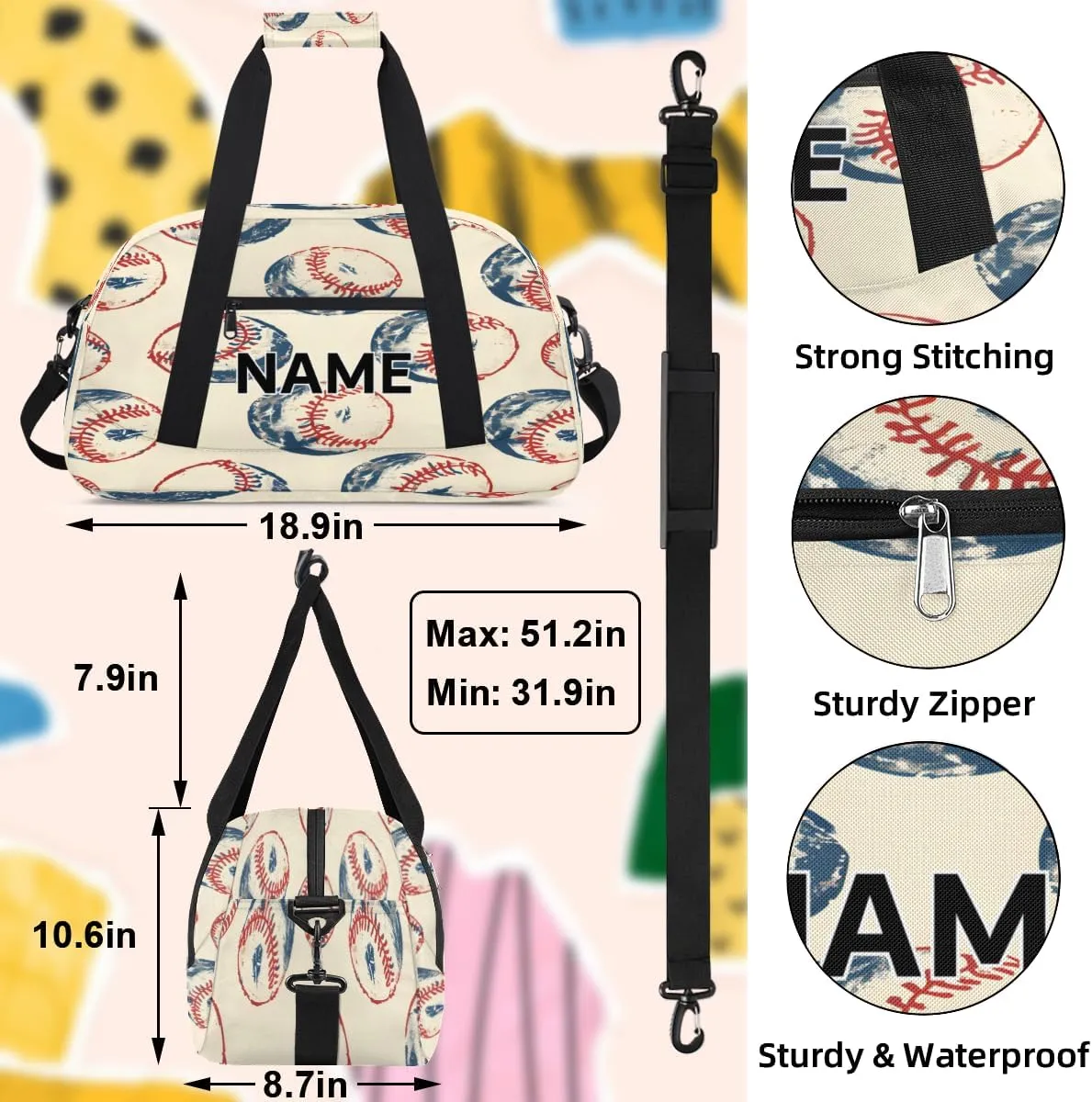 Custom Baseball Small Gym Bag 18 inch for Women Men Personalized Sports Theme Carry On Overnight Weekender Bag for Travel Work Dance Sport