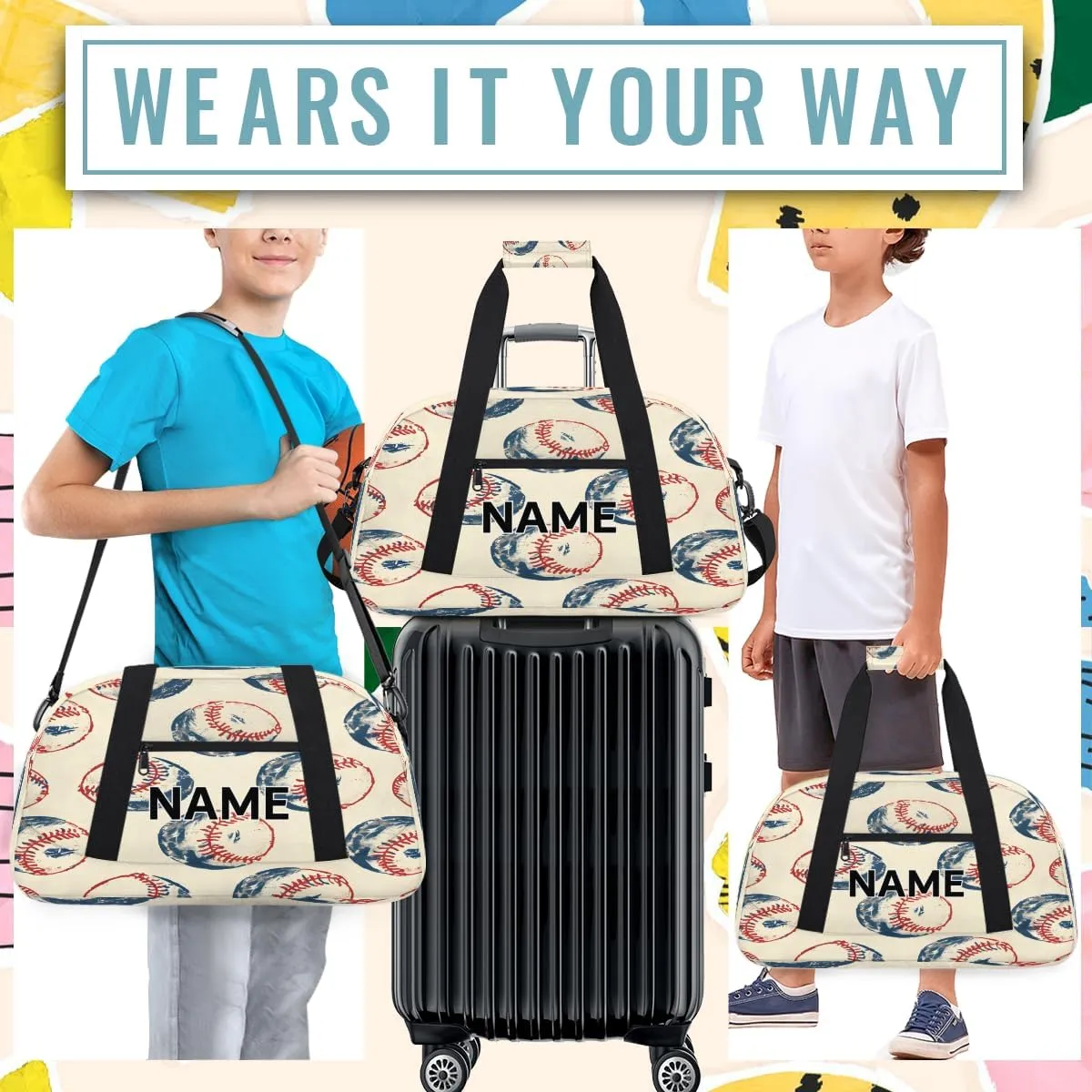 Custom Baseball Small Gym Bag 18 inch for Women Men Personalized Sports Theme Carry On Overnight Weekender Bag for Travel Work Dance Sport