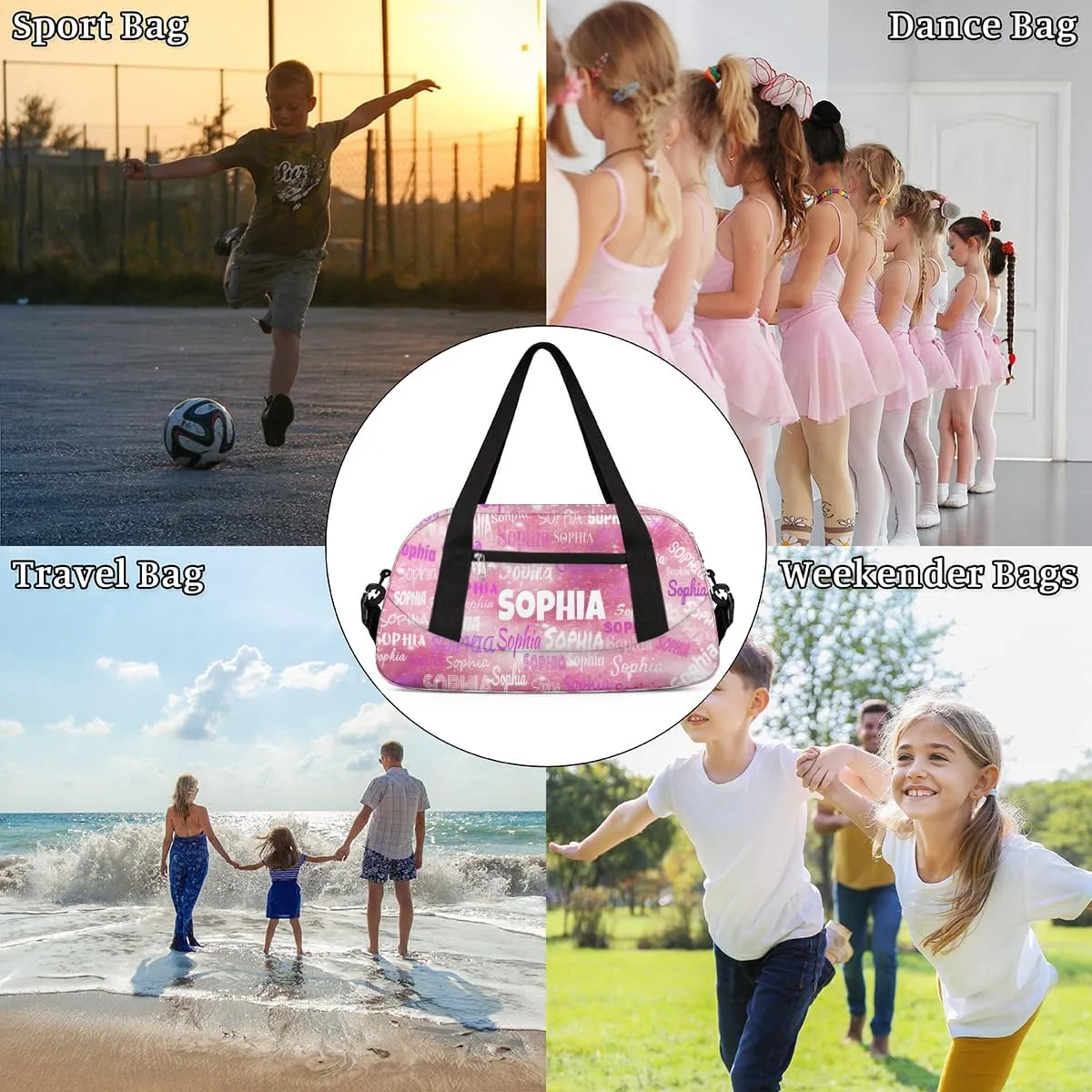 Custom Cheerleaders Bag for Kids, Personalized Sports Gym Bag for Teens Boys Girls Waterproof Weekender Carry Practice Travel Dancing Bag, Watercolor Pink Glitters