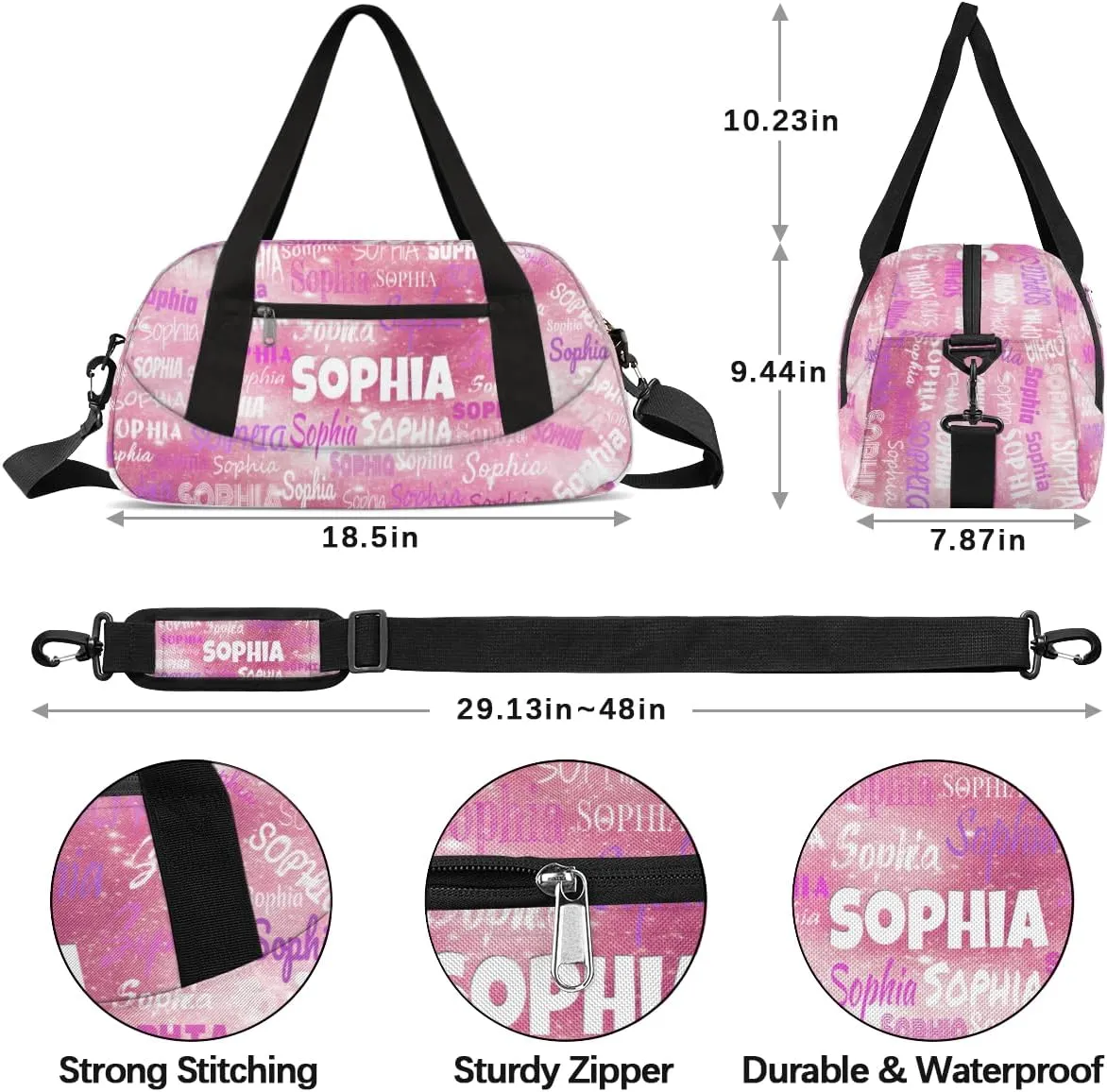 Custom Cheerleaders Bag for Kids, Personalized Sports Gym Bag for Teens Boys Girls Waterproof Weekender Carry Practice Travel Dancing Bag, Watercolor Pink Glitters