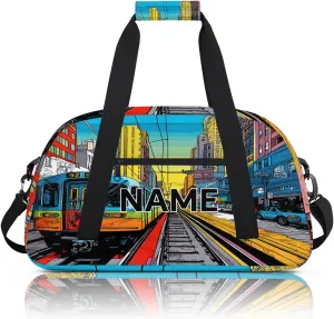 Custom City Train Small Gym Bag 18 inch for Women Men Personalized Colorful Train Carry On Overnight Weekender Bag for Travel Work Dance Sport