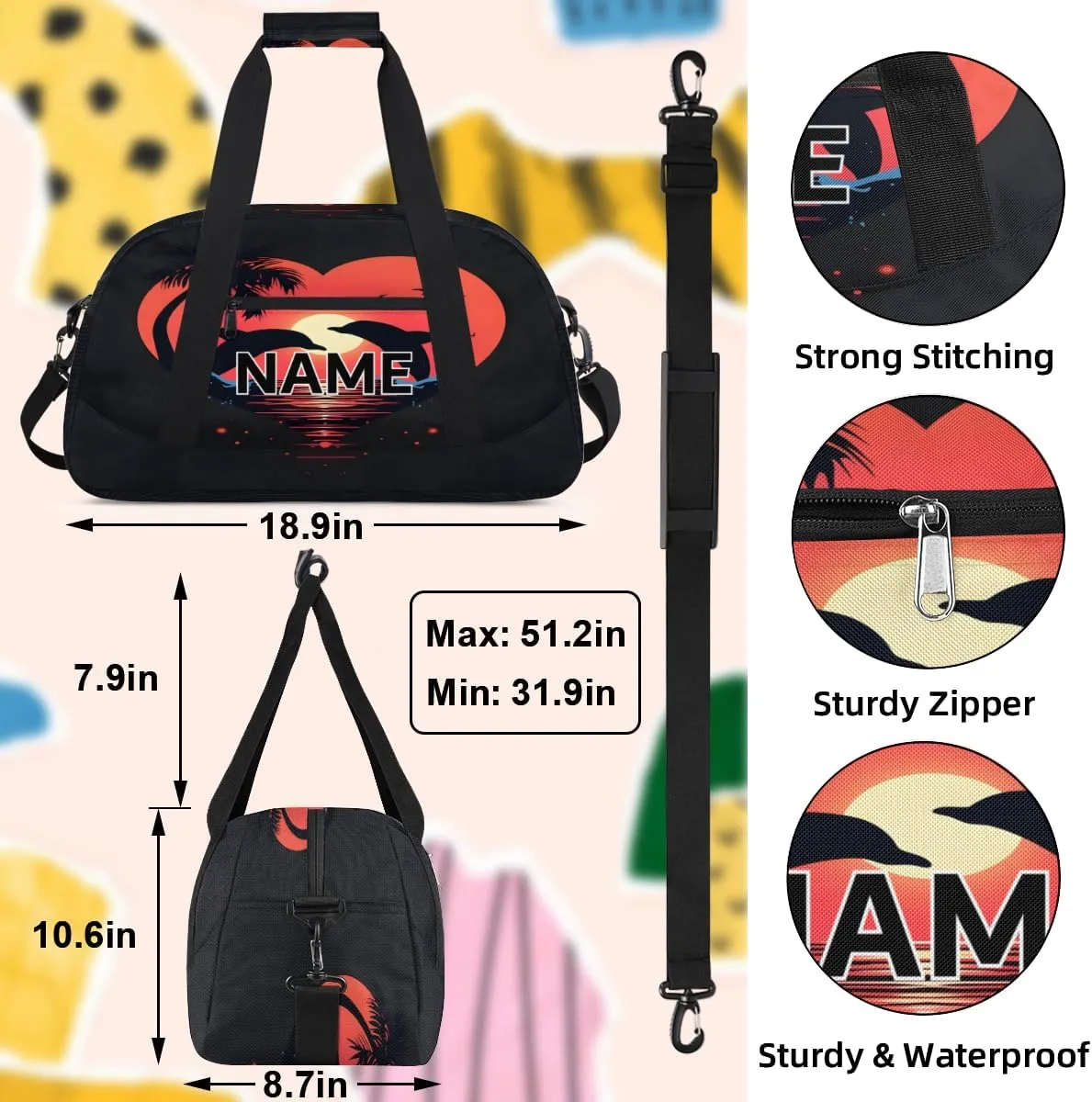 Custom Dolphin Small Gym Bag 18 inch for Women Men Personalized Dolphin Cute Ocean Animal Carry On Overnight Weekender Bag for Travel Work Dance Sport