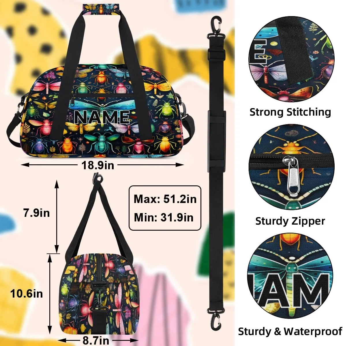 Custom Dragonfly Butterfly Small Gym Bag 18 inch for Women Men Personalized Animals Carry On Overnight Weekender Bag for Travel Work Dance Sport
