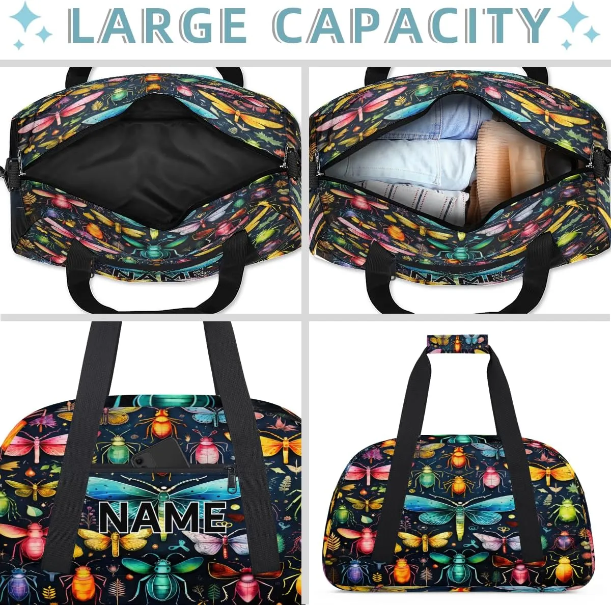 Custom Dragonfly Butterfly Small Gym Bag 18 inch for Women Men Personalized Animals Carry On Overnight Weekender Bag for Travel Work Dance Sport