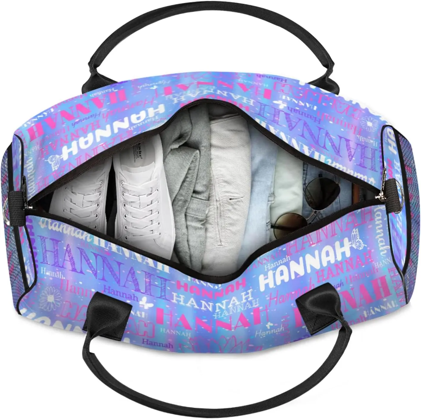 Custom Full Name Sports Dance Gym Bag, Personalized Gradient Blue with Sunflowers Sport Gym Bag Travel Weekender Bags Overnight Duffel Bags