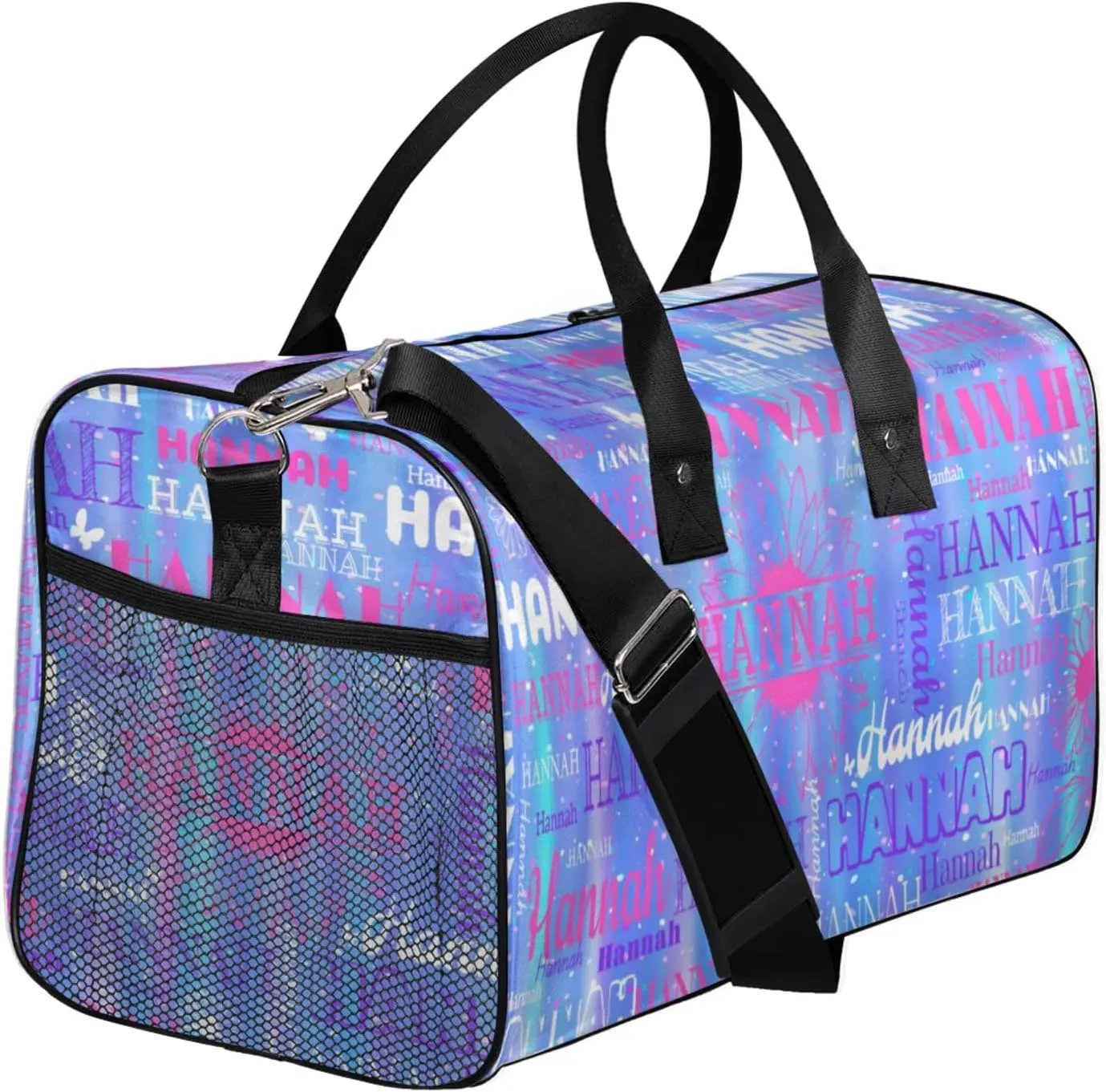 Custom Full Name Sports Dance Gym Bag, Personalized Gradient Blue with Sunflowers Sport Gym Bag Travel Weekender Bags Overnight Duffel Bags