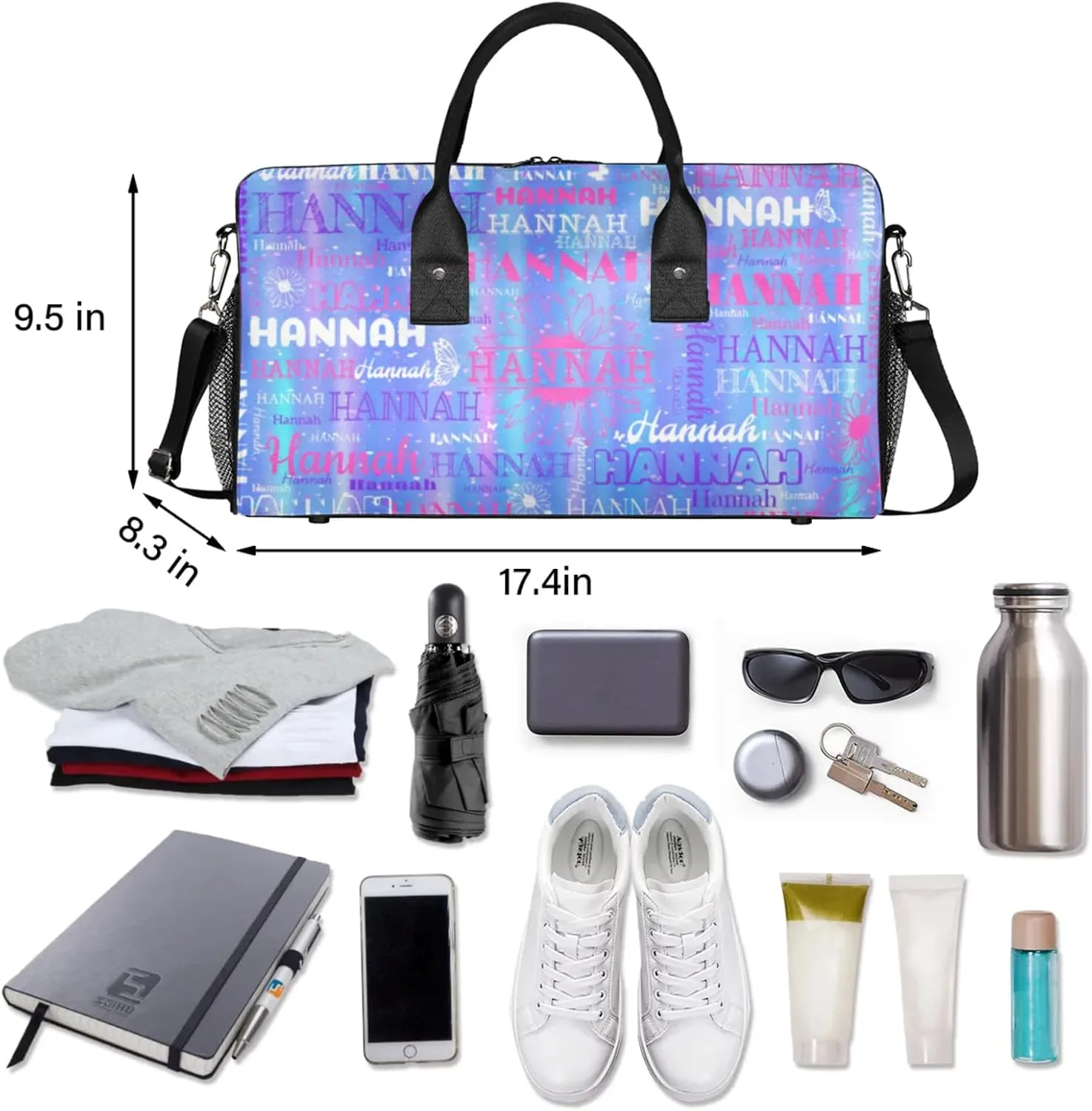 Custom Full Name Sports Dance Gym Bag, Personalized Gradient Blue with Sunflowers Sport Gym Bag Travel Weekender Bags Overnight Duffel Bags