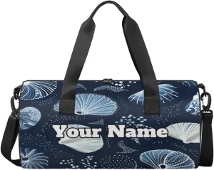 Custom Gym Bag for Women Men with Name, Personalized Blue Seashell Duffel Bag for Sports, Waterproof Dance Bag, Lightweight Carryon Gym Bag, Ocean Theme