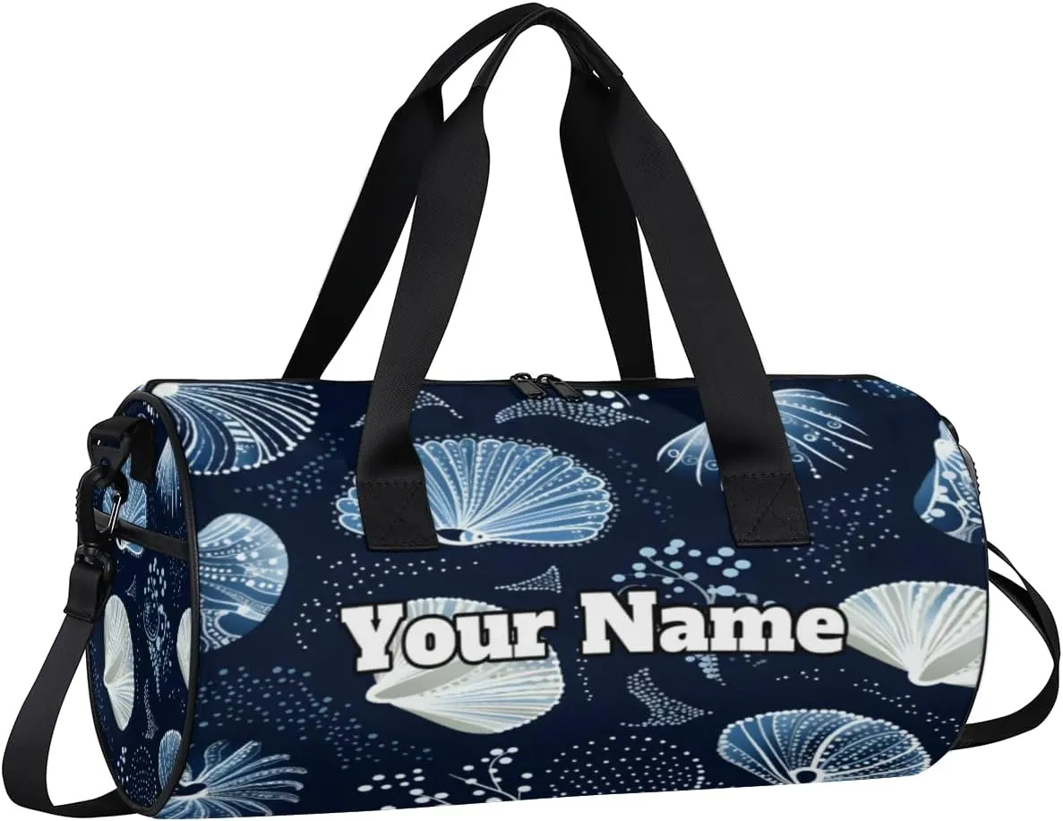 Custom Gym Bag for Women Men with Name, Personalized Blue Seashell Duffel Bag for Sports, Waterproof Dance Bag, Lightweight Carryon Gym Bag, Ocean Theme