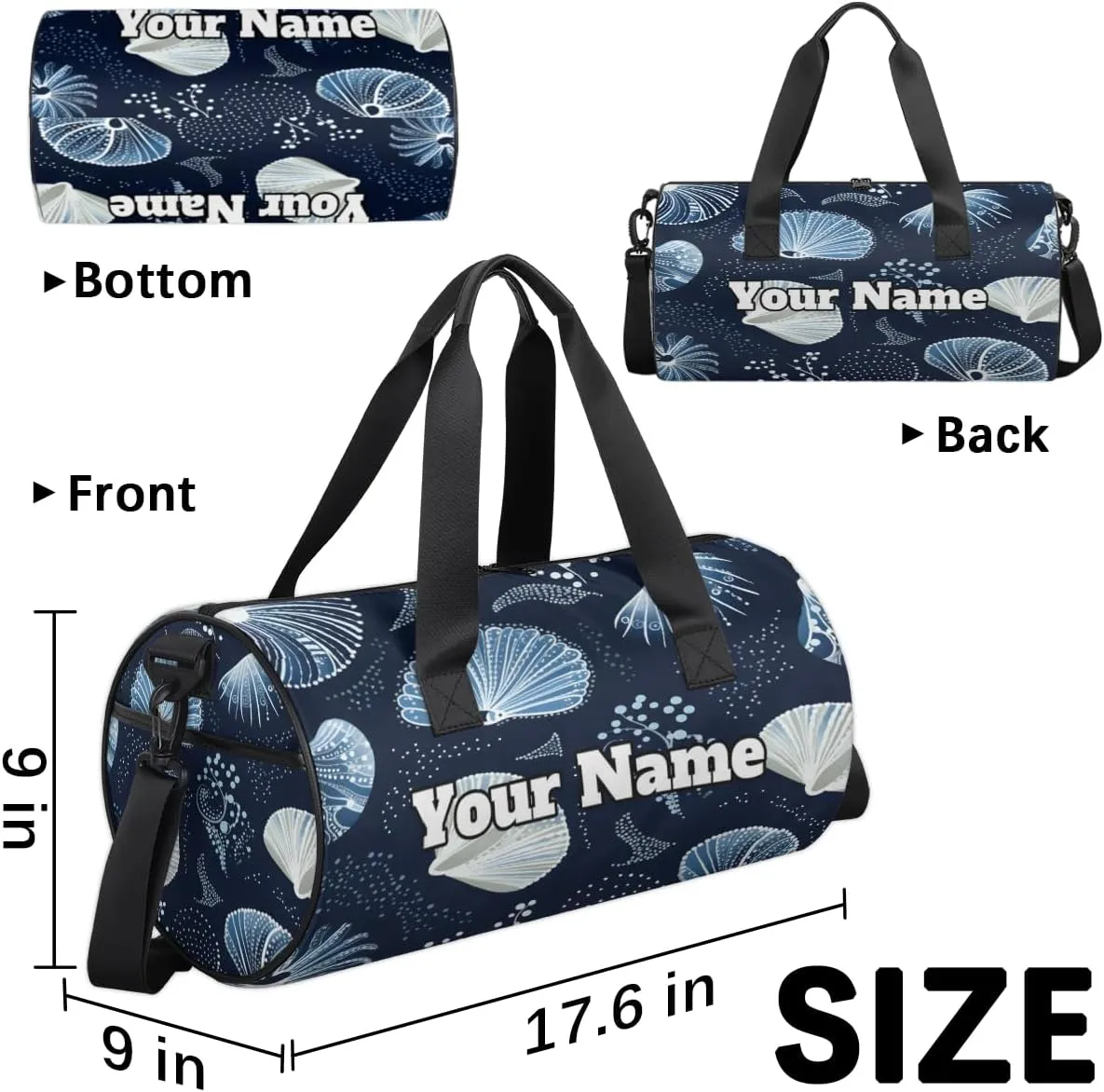 Custom Gym Bag for Women Men with Name, Personalized Blue Seashell Duffel Bag for Sports, Waterproof Dance Bag, Lightweight Carryon Gym Bag, Ocean Theme