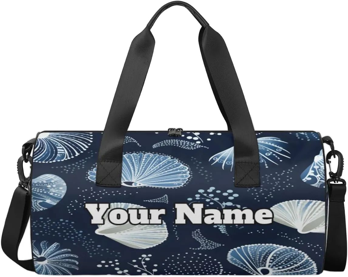 Custom Gym Bag for Women Men with Name, Personalized Blue Seashell Duffel Bag for Sports, Waterproof Dance Bag, Lightweight Carryon Gym Bag, Ocean Theme