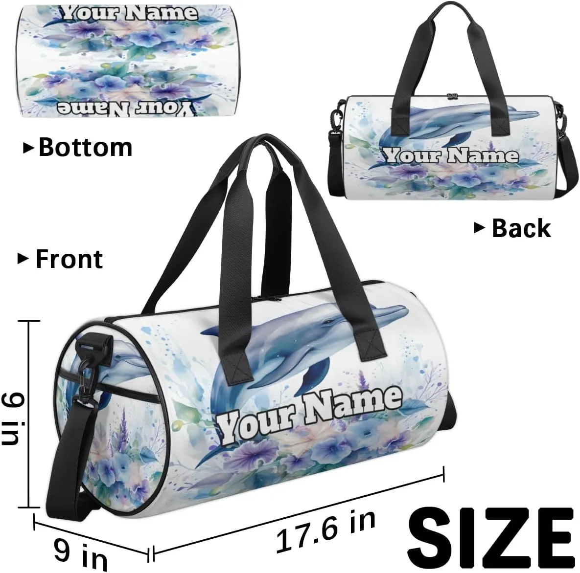 Custom Gym Bag for Women Men with Name, Personalized Cute Dolphin Duffel Bag for Sports, Waterproof Dance Bag, Lightweight Carryon Gym Bag, Dolphin