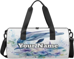 Custom Gym Bag for Women Men with Name, Personalized Cute Dolphin Duffel Bag for Sports, Waterproof Dance Bag, Lightweight Carryon Gym Bag, Dolphin