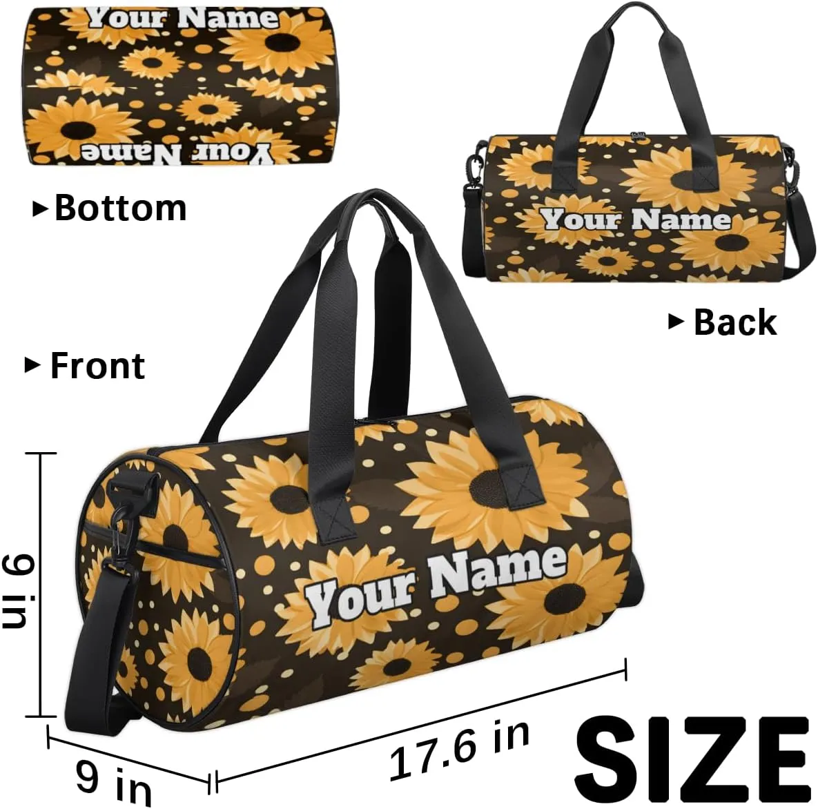 Custom Gym Bag for Women Men with Name, Personalized Small Sunflower Duffel Bag for Sports, Waterproof Dance Bag, Lightweight Carryon Gym Bag, Polka Dot