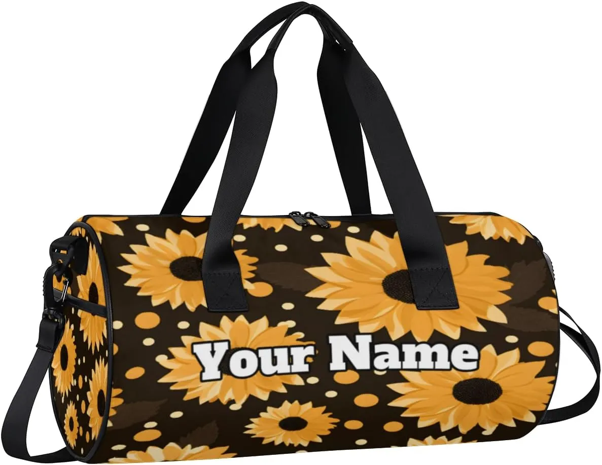 Custom Gym Bag for Women Men with Name, Personalized Small Sunflower Duffel Bag for Sports, Waterproof Dance Bag, Lightweight Carryon Gym Bag, Polka Dot