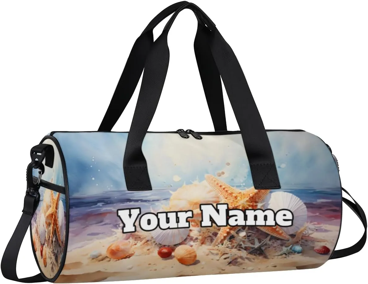 Custom Gym Bag for Women Men with Name, Personalized Starfish Duffel Bag for Sports, Waterproof Dance Bag, Lightweight Carryon Gym Bag, Beach Seashell
