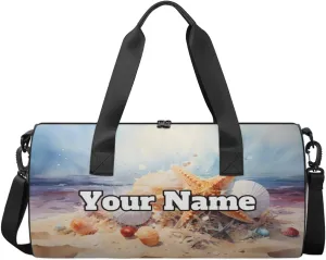 Custom Gym Bag for Women Men with Name, Personalized Starfish Duffel Bag for Sports, Waterproof Dance Bag, Lightweight Carryon Gym Bag, Beach Seashell