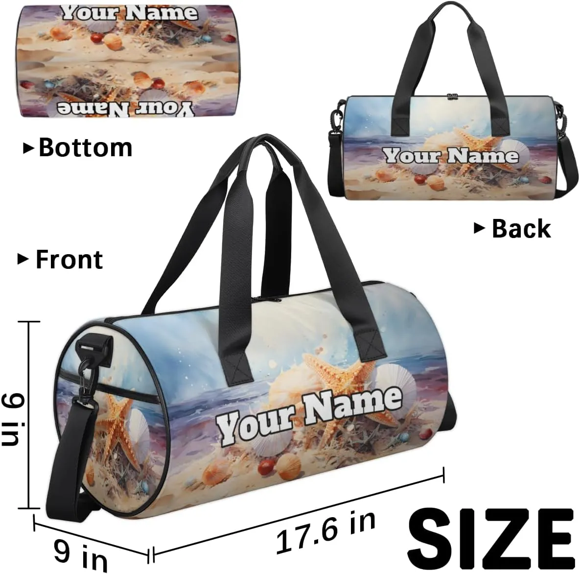 Custom Gym Bag for Women Men with Name, Personalized Starfish Duffel Bag for Sports, Waterproof Dance Bag, Lightweight Carryon Gym Bag, Beach Seashell