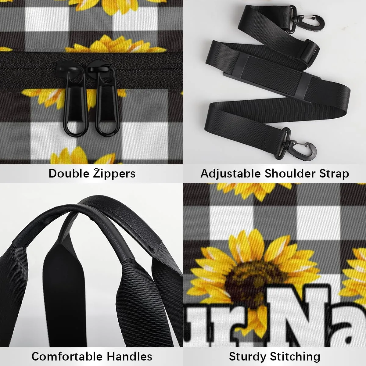 Custom Gym Bag for Women Men with Name, Personalized Sunflower Floral Duffel Bag for Sports, Waterproof Dance Bag, Lightweight Carryon Gym Bag, Checkered