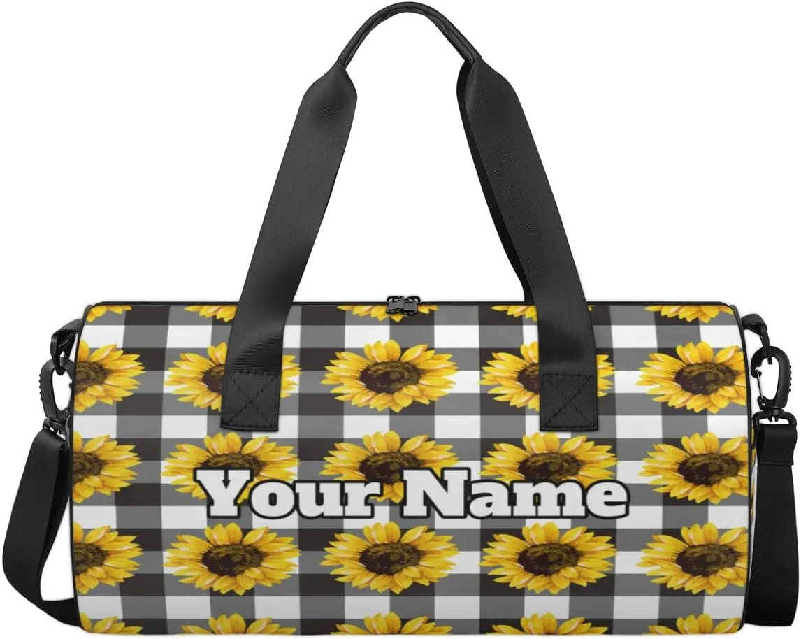 Custom Gym Bag for Women Men with Name, Personalized Sunflower Floral Duffel Bag for Sports, Waterproof Dance Bag, Lightweight Carryon Gym Bag, Checkered