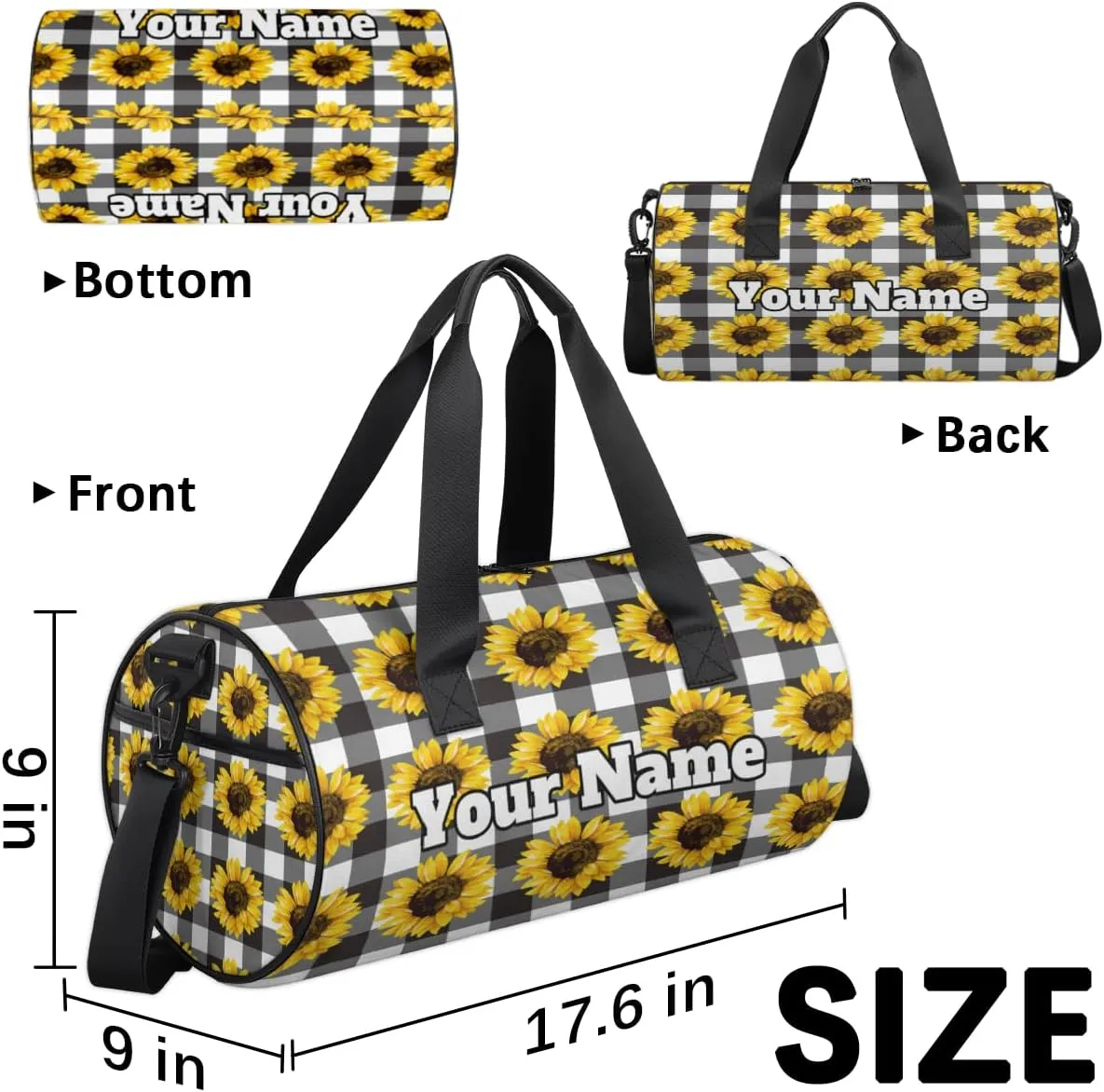 Custom Gym Bag for Women Men with Name, Personalized Sunflower Floral Duffel Bag for Sports, Waterproof Dance Bag, Lightweight Carryon Gym Bag, Checkered