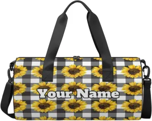 Custom Gym Bag for Women Men with Name, Personalized Sunflower Floral Duffel Bag for Sports, Waterproof Dance Bag, Lightweight Carryon Gym Bag, Checkered