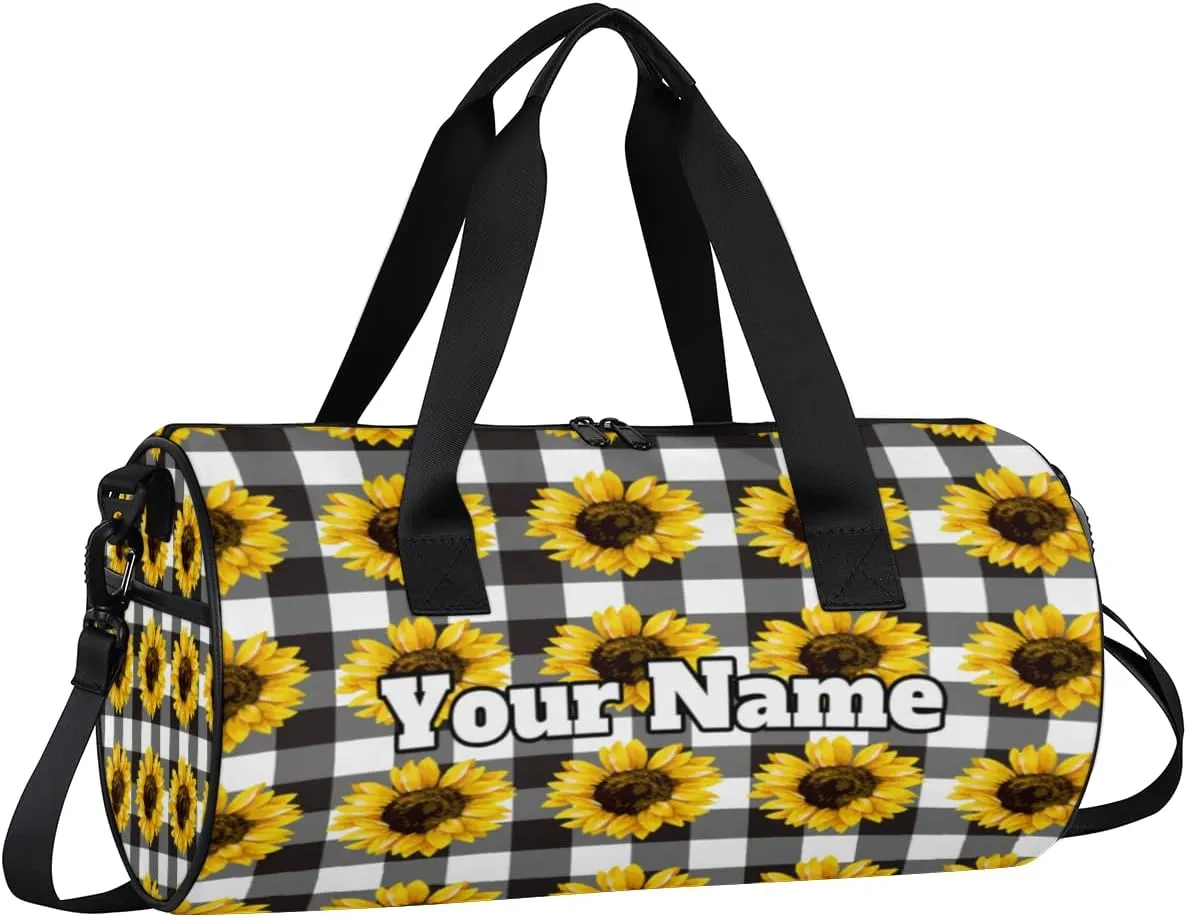 Custom Gym Bag for Women Men with Name, Personalized Sunflower Floral Duffel Bag for Sports, Waterproof Dance Bag, Lightweight Carryon Gym Bag, Checkered