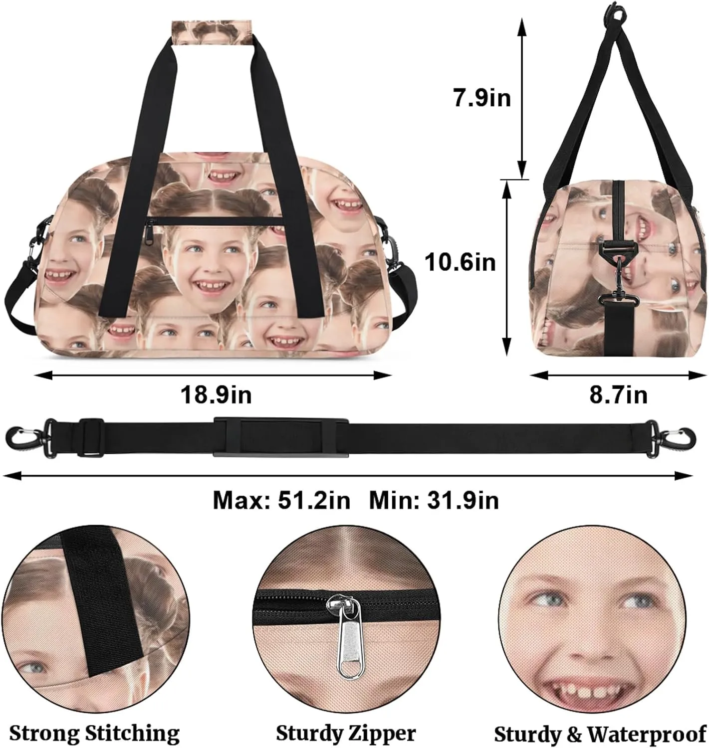 Custom Gym Bag with Face Picture, Personalized Cute Sports Duffel Bag, Waterproof Lightweight Shoulder Weekender Bag, Travel Bag, Carry on Training Bag for Women Men