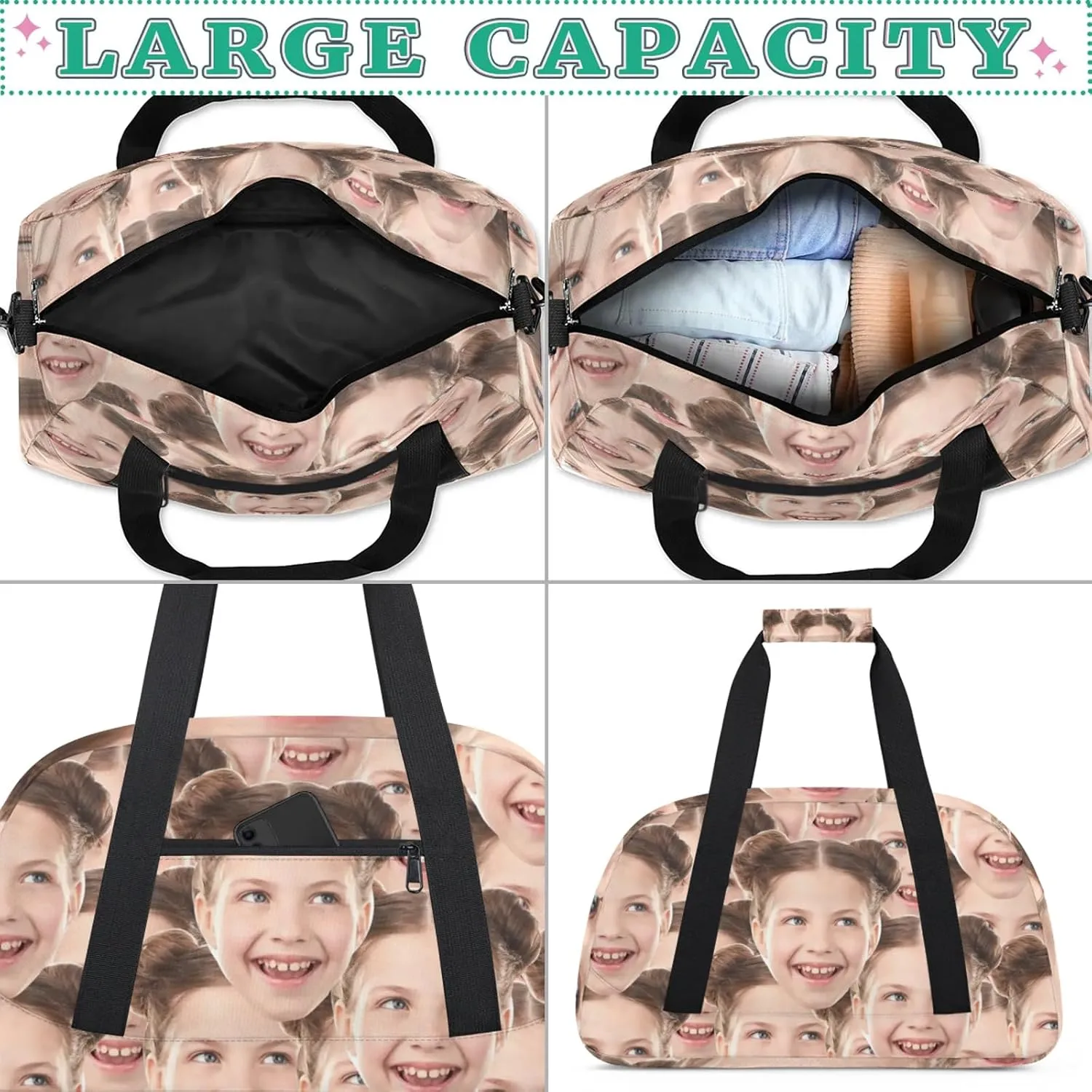 Custom Gym Bag with Face Picture, Personalized Cute Sports Duffel Bag, Waterproof Lightweight Shoulder Weekender Bag, Travel Bag, Carry on Training Bag for Women Men