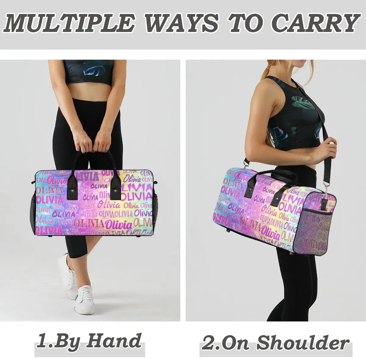 Custom Gym Dance Bag for Women, Personalized Sports Bag for Teens Waterproof Weekender Carry Practice Travel Bag, Colorful Blue Pink Yellow Green
