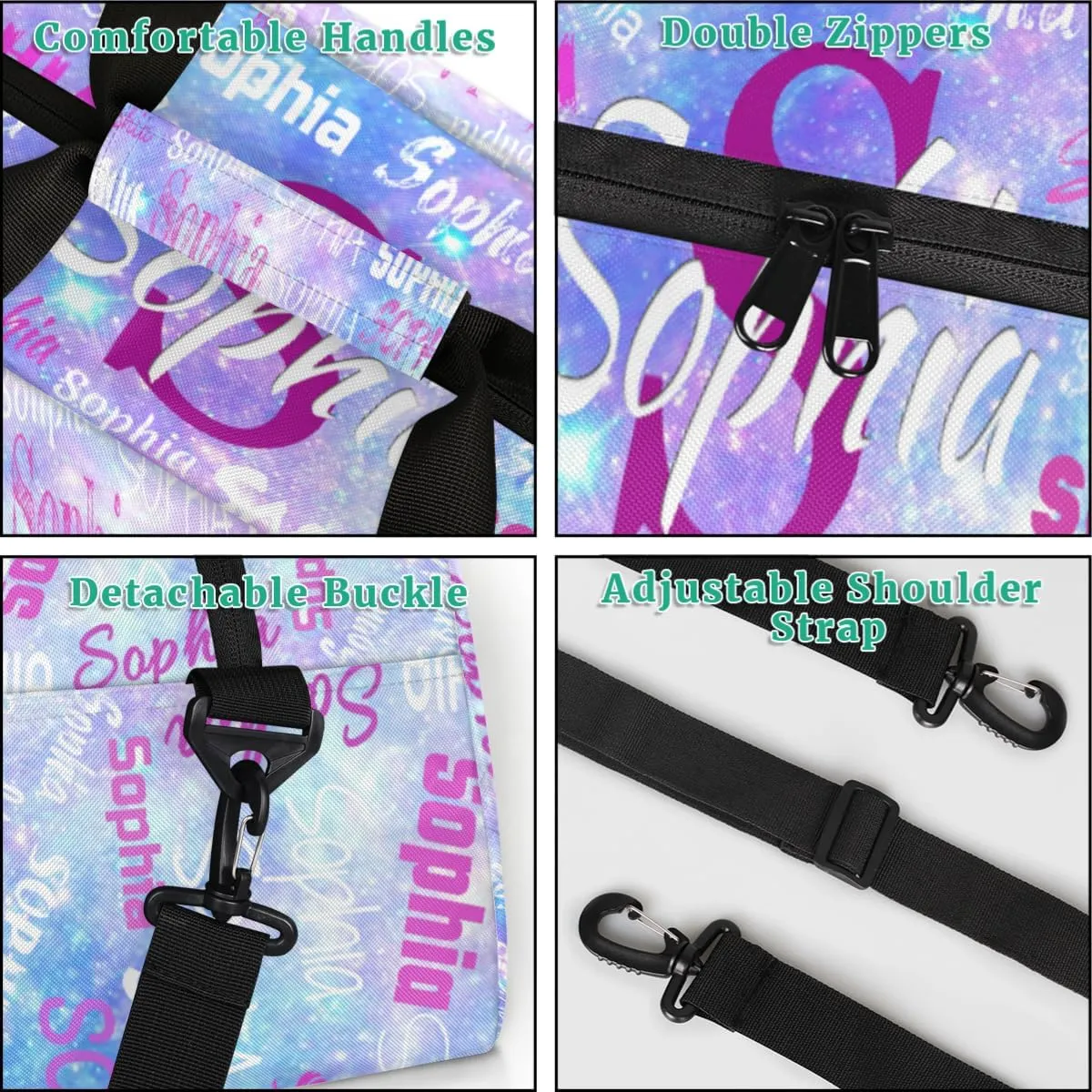 Custom Gym Dance Bag with Name, Overnight Workout Duffel Bags Cheerleaders Bag Personalized Sport Training Bag Weekender Bags, Watercolor Purple Blue Galaxy Universe
