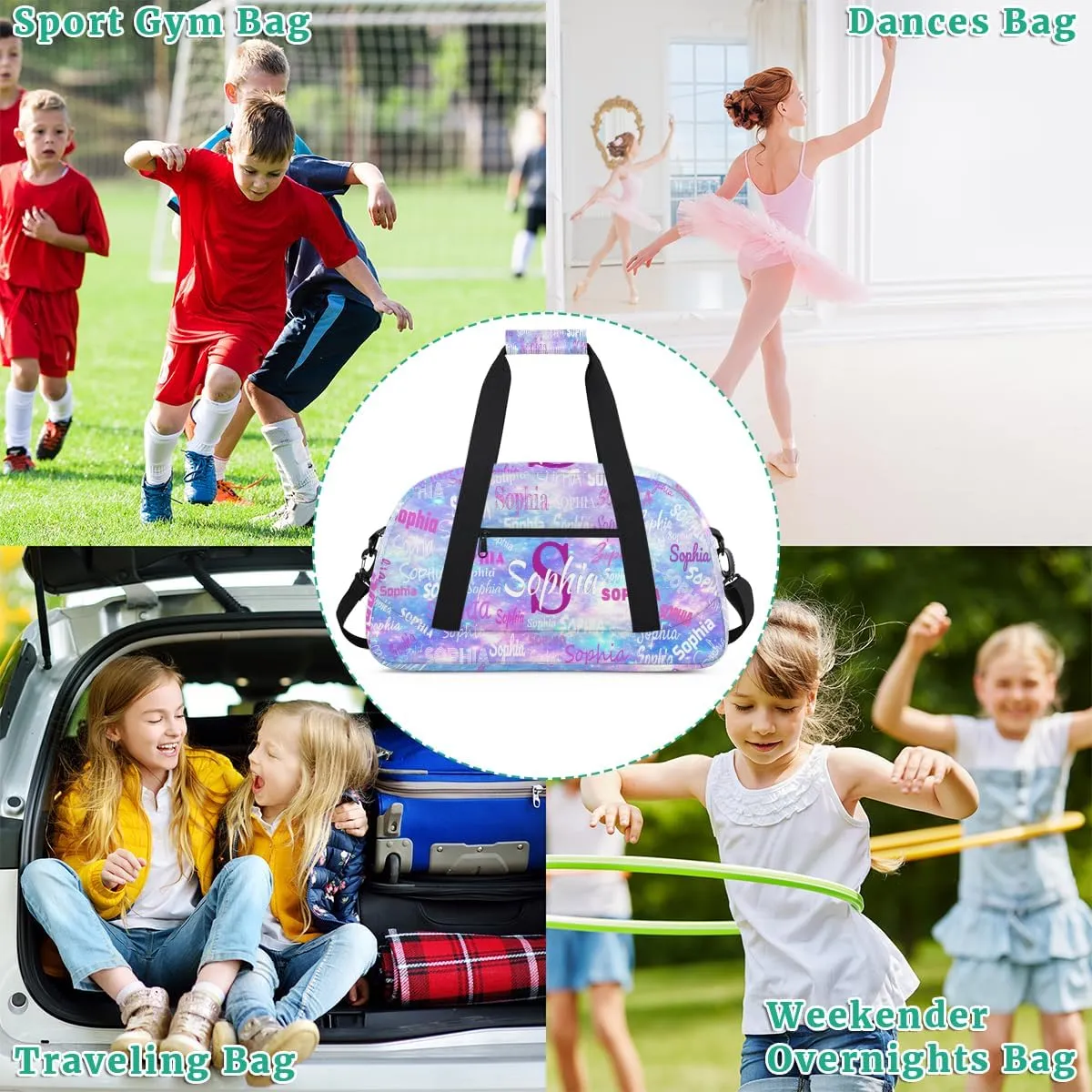Custom Gym Dance Bag with Name, Overnight Workout Duffel Bags Cheerleaders Bag Personalized Sport Training Bag Weekender Bags, Watercolor Purple Blue Galaxy Universe